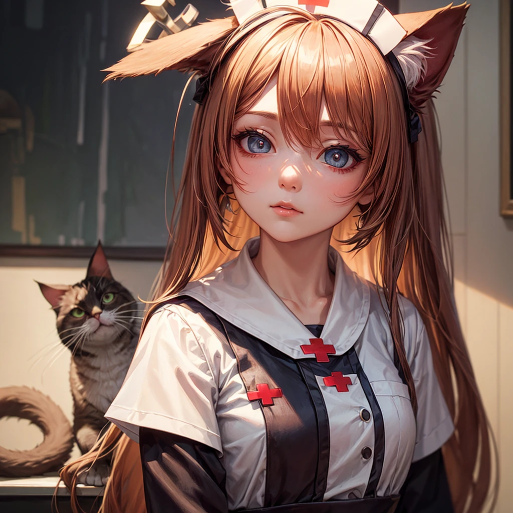 Long hair, low-tied Long hair, Nurse hat, eyeball, big eyes, Cat ears, cosmetic, 超realism, 超realism, modern Art, realism, image Fill, contour, Chiaroscuro, First-person view, F/1.8, Ultra HD, masterpiece, 16K, 8K