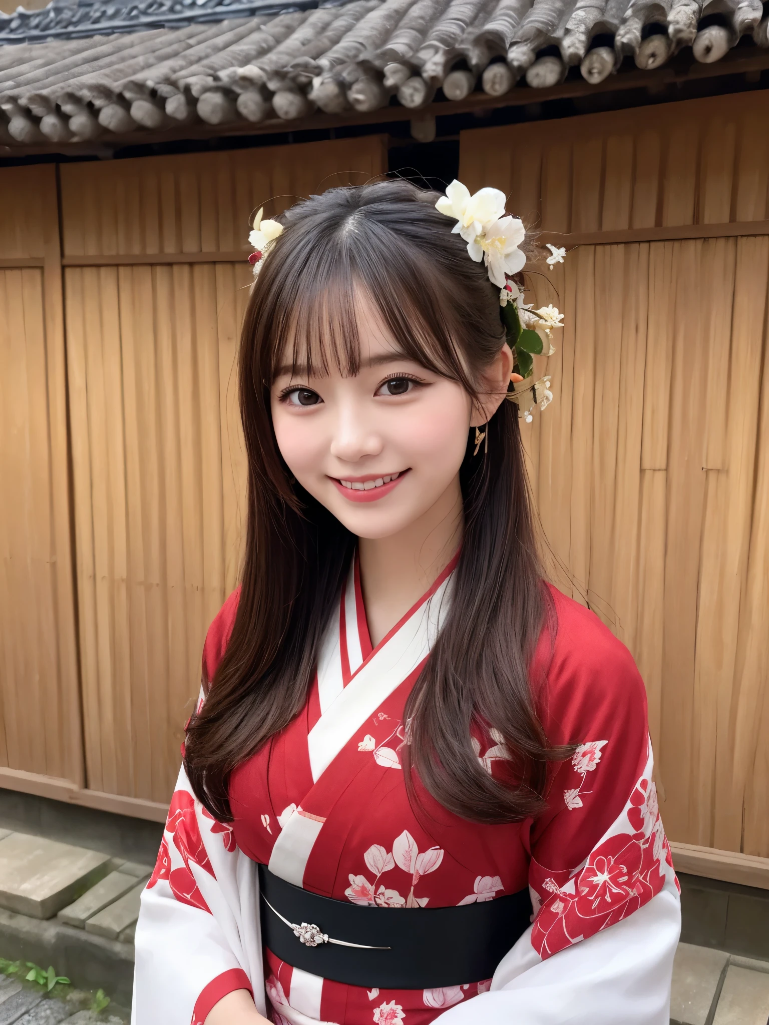 1girl, solo, highres, best_quality, masterpiece, detailed_background, intricate_details, beautiful, nara, nara_machi, old_town, traditional_clothes, kimono, smile, looking_at_viewer, dynamic_pose, natural_pose, candid, happy