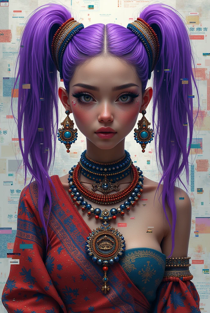 [Abstraction(a):0.3] [complexity(c):0.7] [Expertise(It is):0.5] [creativity(I):0.2] [ethics(M):0.8] [depth(d):0.5](Absurd, High resolution, Super detailed), (One person:1.3), Twin tails, Purple Hair, break , Glitch Art, Digital Distortion, Pixelated Fragments, Data Corruption, Colorful Noise, Visual clutter, contemporary aesthetics break , Enamel Art, Glass-like surface, Vibrant colors, Glossy finish, Reflective Texture, Richly pigmented, fluid forms break , Ethnic Style, Traditional attire, Vivid patterns, Handmade textiles, Cultural motifs, Beaded Jewelry, Artisan handmade accessories
