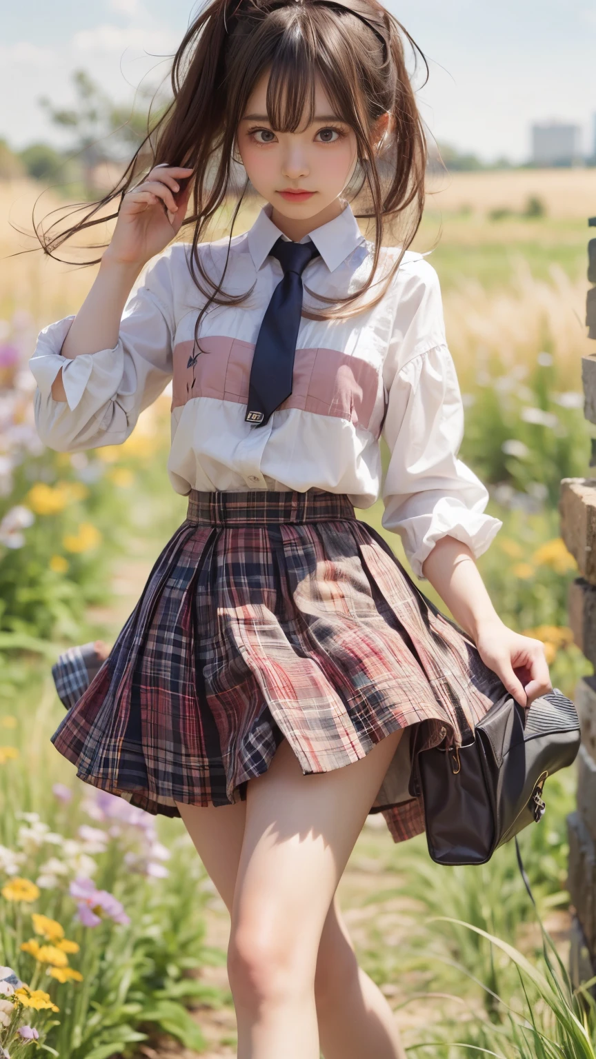 masterpiece , Highest quality , Very detailed , 1 person, ((Contrasting Eyes)) , running , blouse, skirt , bangs , field