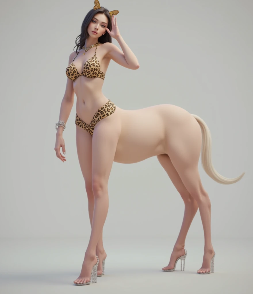 1Centaur Girl,Four legs,Leopard print underwear,Leopard-print clothing,Leopard print,Crystal high heels,The whole body is dazzling and starry,(Horses have human skin.)(Flesh-colored skin (Cynthia Sheppard), Fair and shiny skin, Full body CGsociety, Beautiful full body concept art, horse, smooth Fair and translucent skin, Pretty blue butterfly hair accessories and pale porcelain skin, Gu Weiss, Fair and translucent skin, Pale skin,,Ivory white skin, Light milky white porcelain skin,(Skin tone consistency)