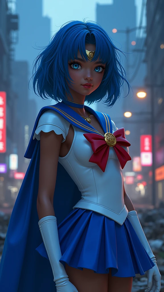Sailor Mercury with blue hair and a blue cape on her head, (dark ebony skin:1.4),(fondo ciudad destroyed apocalypse Tokio noche :1.4), artgerm jsc, portrait knights of zodiac girl, extremely detailed artgerm, ross tran 8 k, in the style of ross tran, artgerm julie bell beeple, by Ross Tran, ross tran style, alena aenami and artgerm, inspired by Ross Tran, high quality, (RAW photo, best quality), (realistic, photorealistic: 1.4), (extremely delicate and beautiful: 1.4), amazing, fine details, masterpiece, ultra detailed, high resolution, best illustration, best shadow, intricate, ( extremely intricate: 1.2), (exquisitely detailed skin), cinematic light, perfect anatomy, (cool color: 1.4), sharp focus, 8k UHD, DSLR, (Fujifilm XT3),(dark ebony skin:1.4),( iluminación cinematográfica :1.4), ,(Fondo de ruinas de mazmorra en ruinas Tokio cyberpunk :1.4 ),( pose americano :1.4), (Sailor Mercury :1.4), (un uniforme con falda de color azul y moños celestes:1.4) .(85mm F/1.4), (distintas extensiones de rostro :1.4), (hermosa mujer belleza una diosa de la naturaleza :1.4), Epic Fantasy Art Style HD, 4K fantasy art, epic fantasy digital art style, epic fantasy art style, Fantasy Woman, epic fantasy art portrait, Epic fantasy style, hyperrealistic fantasy art, hd fantasy art, Epic fantasy character art, epic fantasy art, in style of dark fantasy art, epic fantasy digital art, (Sailor moon Mercury:1.4), (Sailor Mercury V2.1), (pose medio cuerpo:1.4 )