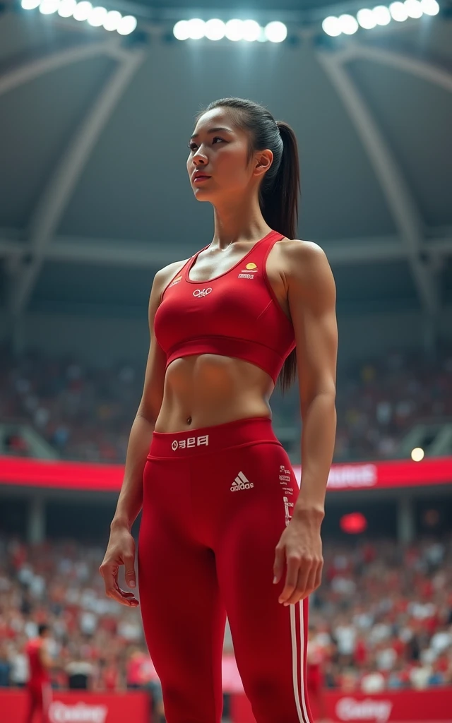Ultra-high resolution,High-resolution details,Olympic women's weightlifting,Red clothing,Weightlifting Belt,(1 Korean beauty,Super beautiful,Super fair skin,White face)snatch,full-body shot,Panoramic vistas,Wide-angle lens,Olympic indoor venues as background,Full audience,Passionate and intense