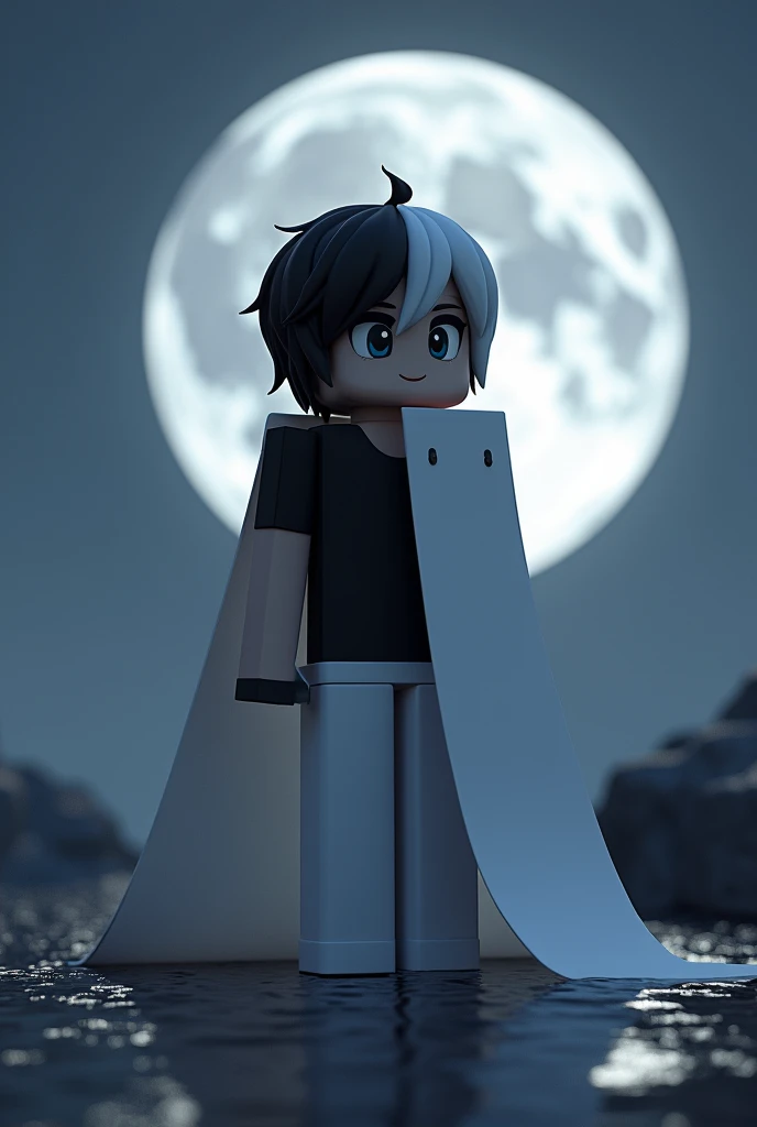 make a render of a female Minecraft skin with short hair, half black half white, black t-shirt and white pants, She will be wearing a long, white cape and in the background there will be the moon