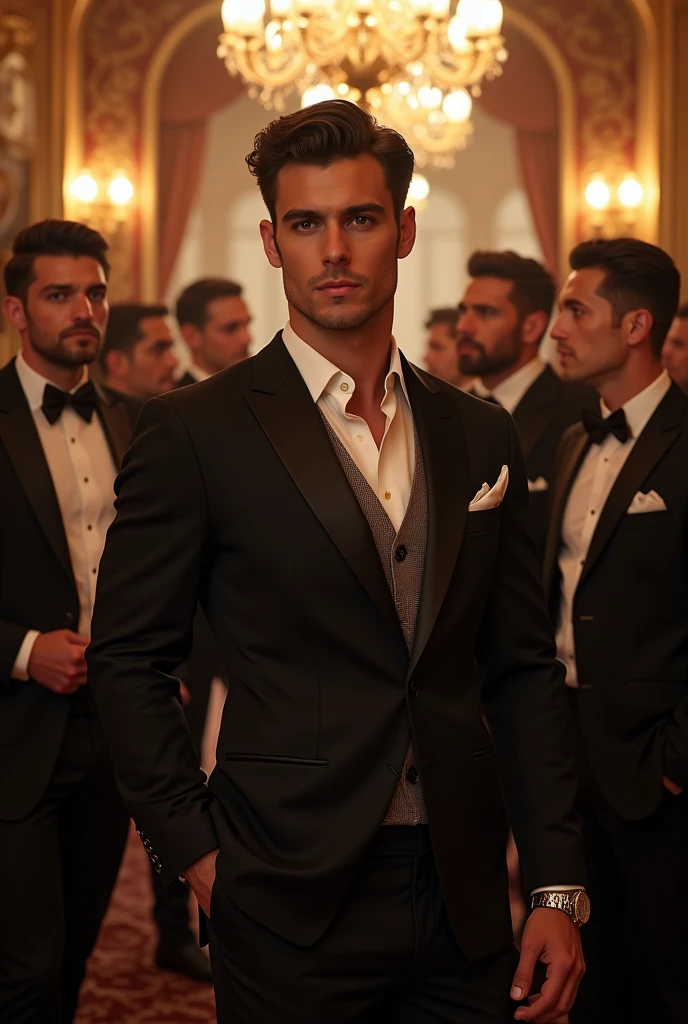 A handsome young man is welcomed at a convoy party with many handsome men around him