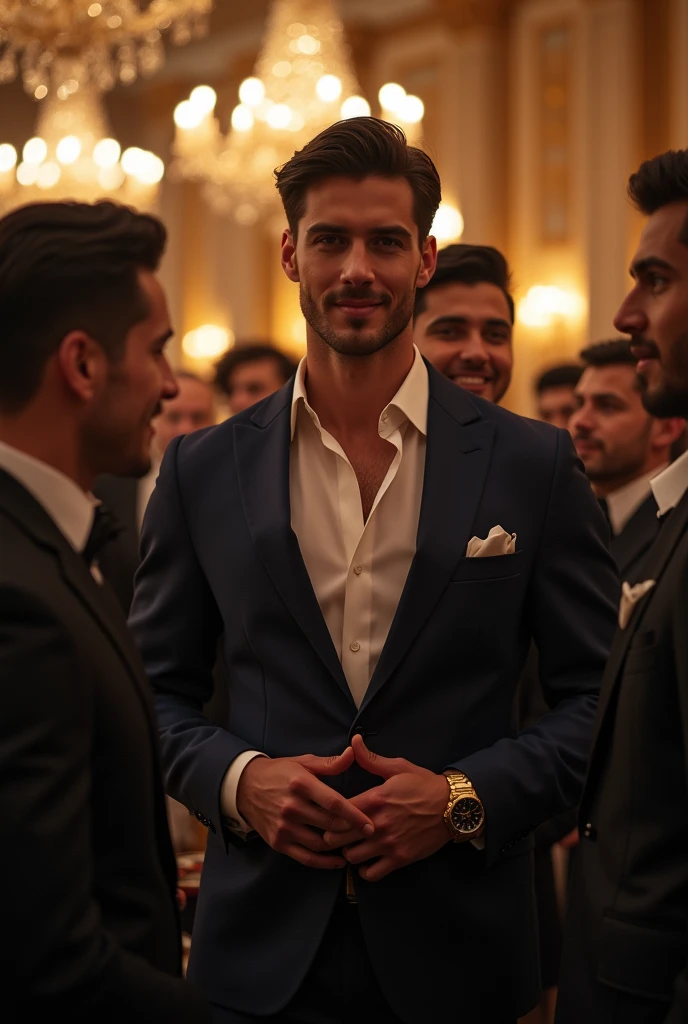 A handsome young man is welcomed at a convoy party with many handsome men around him
