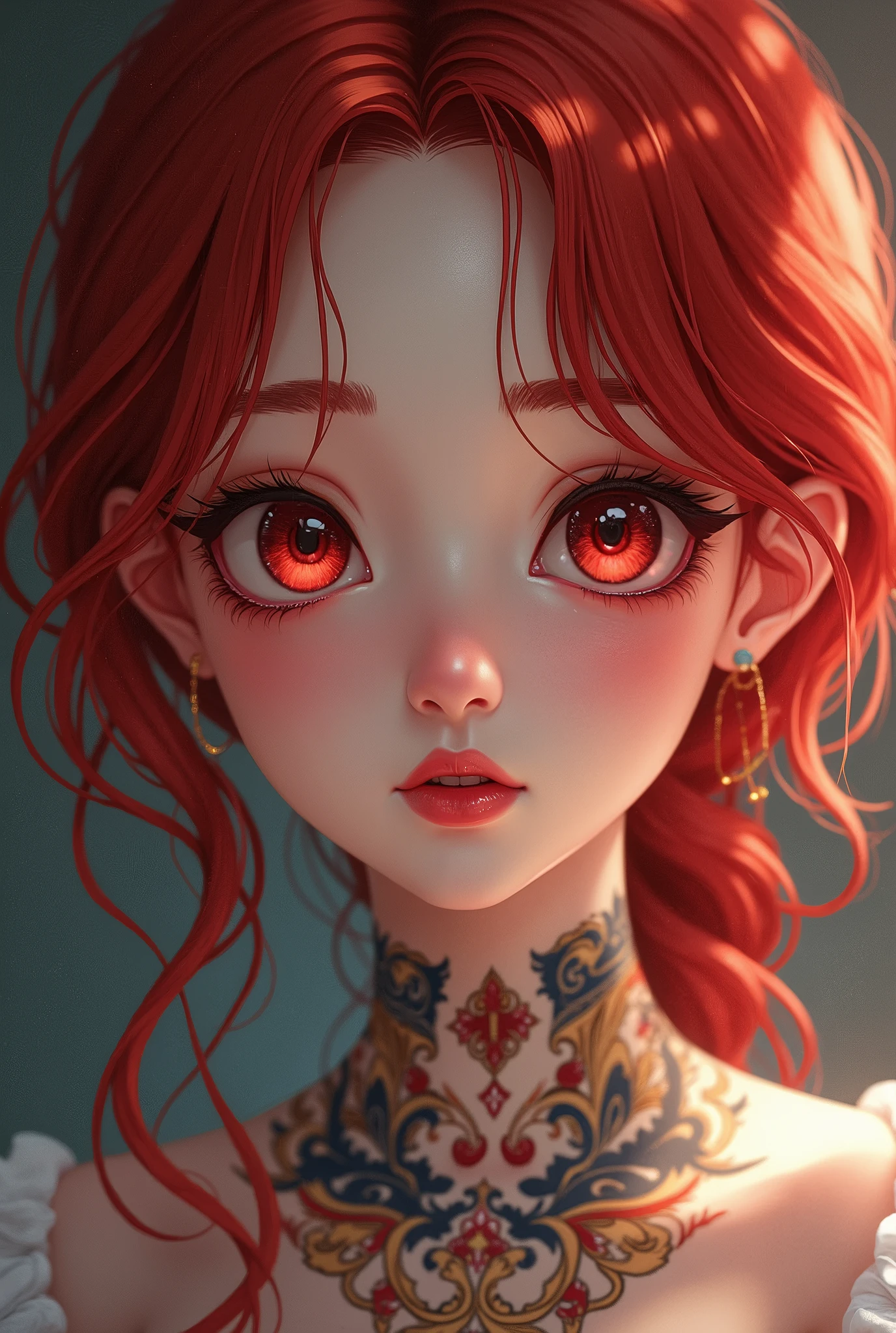 Lady,Red hair,dress,beautiful,anime,tattoo, face portrait, close up, big beautiful detailed eyes, ulzzang,
