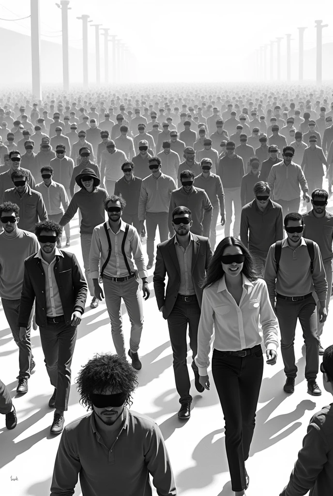 A black and white image of a blindfolded crowd, walking in different directions aimlessly. The image could show some people colliding with each other or running into obstacles., symbolizing the lack of direction and social awareness