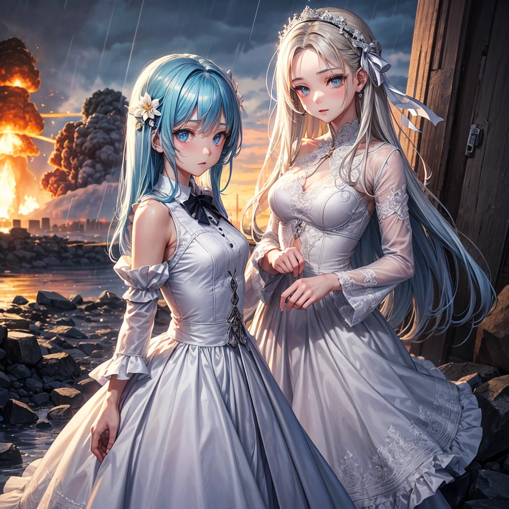 masterpiece, Beautifully, illustration, {Beautiful and delicate girl}, beautiful and detailed aura, (War: 1.2), (Behind the nuclear explosion: 1.3), rain, Detailed lighting, Detail water, (Beautiful and delicate eyes: 1.1), Poker face, palace, Sky blue hair, Messy hair, Long bangs, Eyebrow, (whitegreydress: 1.1), Black Ribbon, White bow tie, upper abdomen, Big forehead, Dull, flower, Long sleeve