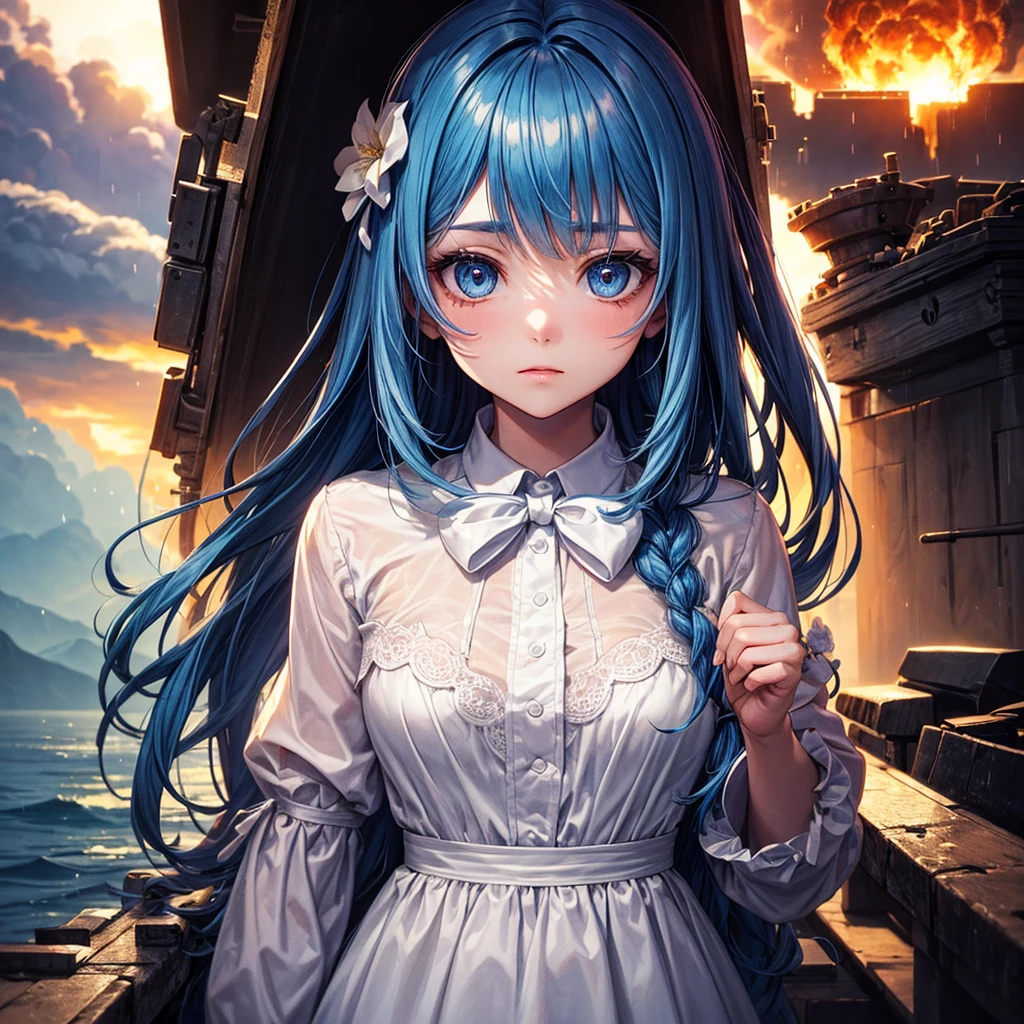 masterpiece, Beautifully, illustration, {Beautiful and delicate girl}, beautiful and detailed aura, (War: 1.2), (Behind the nuclear explosion: 1.3), rain, Detailed lighting, Detail water, (Beautiful and delicate eyes: 1.1), Poker face, palace, Sky blue hair, Messy hair, Long bangs, Eyebrow, (whitegreydress: 1.1), Black Ribbon, White bow tie, upper abdomen, Big forehead, Dull, flower, Long sleeve