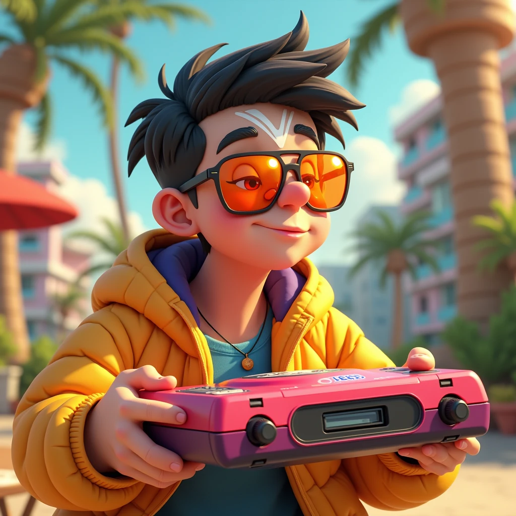 Make a grown boy with a white stripe on his forehead, orange sunglasses, holding a sega dreamcast