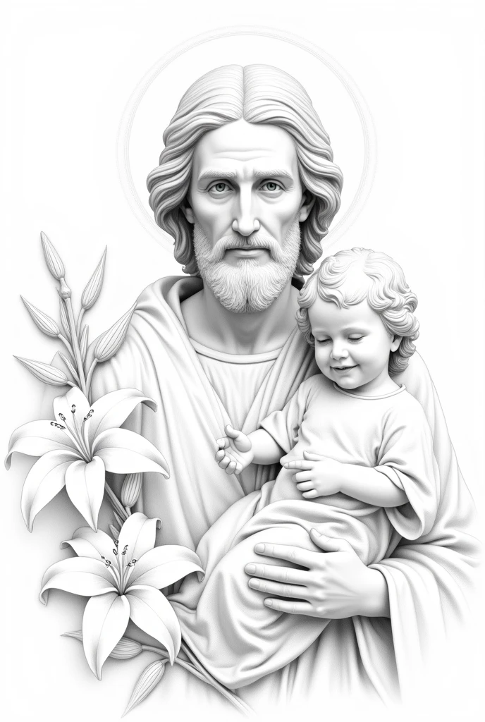 Image of the bust of Saint Joseph with lilies and Jesus made in drawing only with pencil lines without shadows or colors without any shadow effect only contours without any shadows 