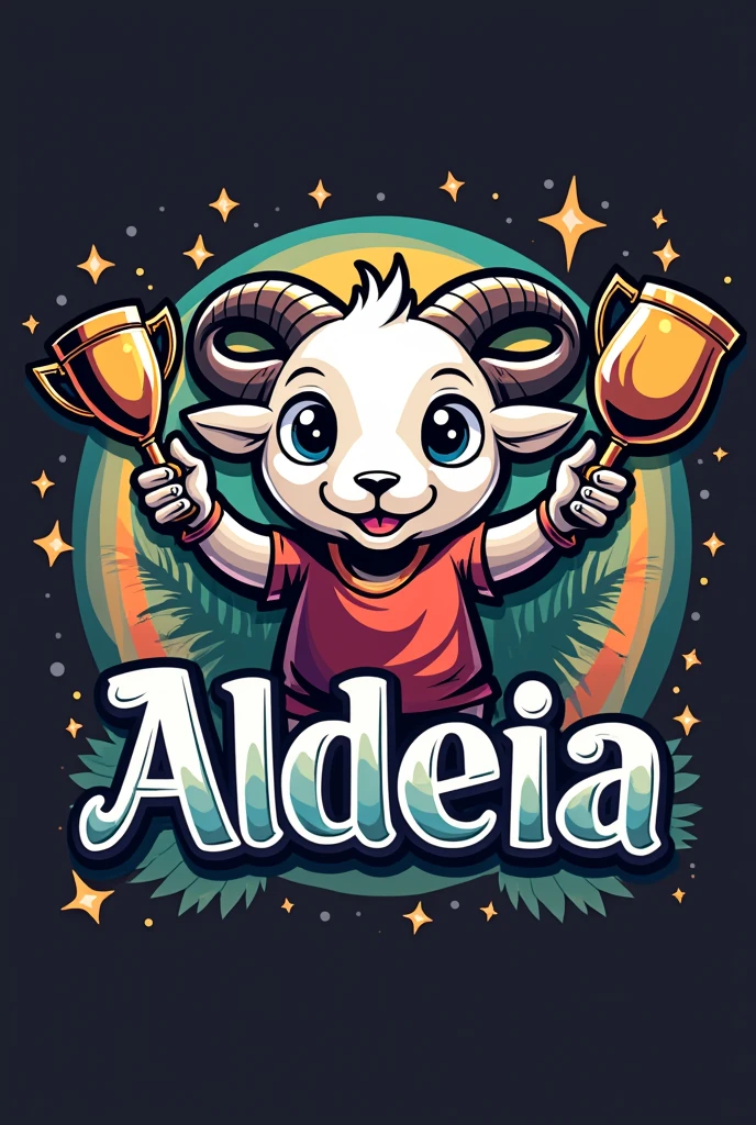 Create a logo with the name Aldeia with a goat mascot holding a trophy