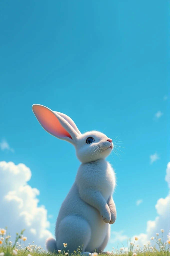 Sky blue background with huge rabbit looking at the sky color center