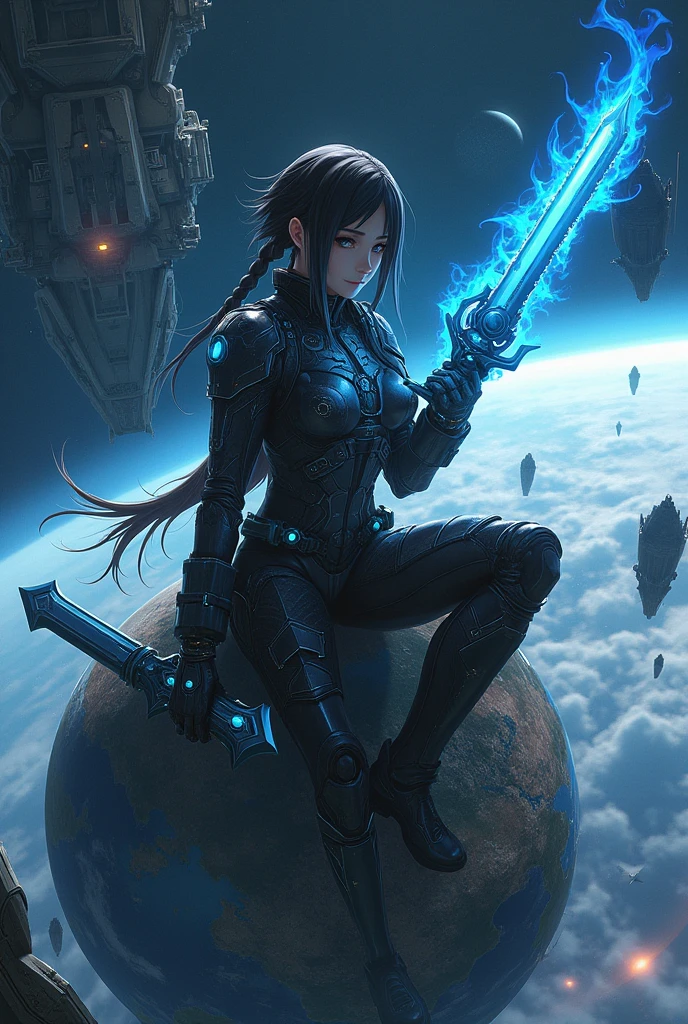 Create a realistic cyberpunk anime with a tech sword, a weapon shaped like a dragon with blue flames in the left eye with technological clothing sitting on top of the technological planet earth with a space background surrounded by spaceships