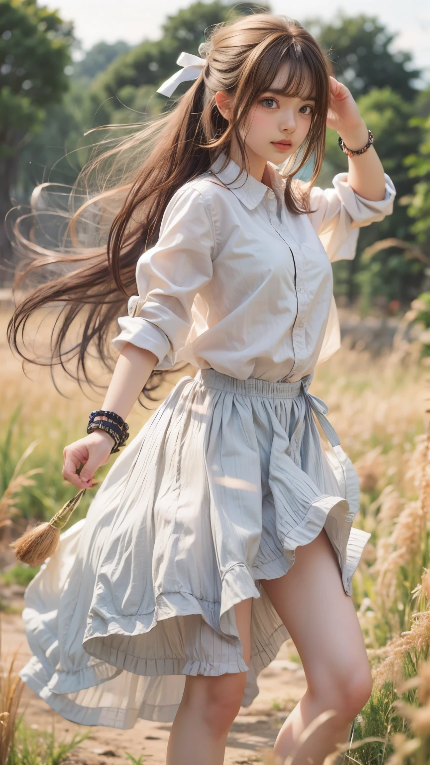 masterpiece , Highest quality , Very detailed , 1 person, ((Contrasting Eyes)) , running , blouse, skirt , bangs , field