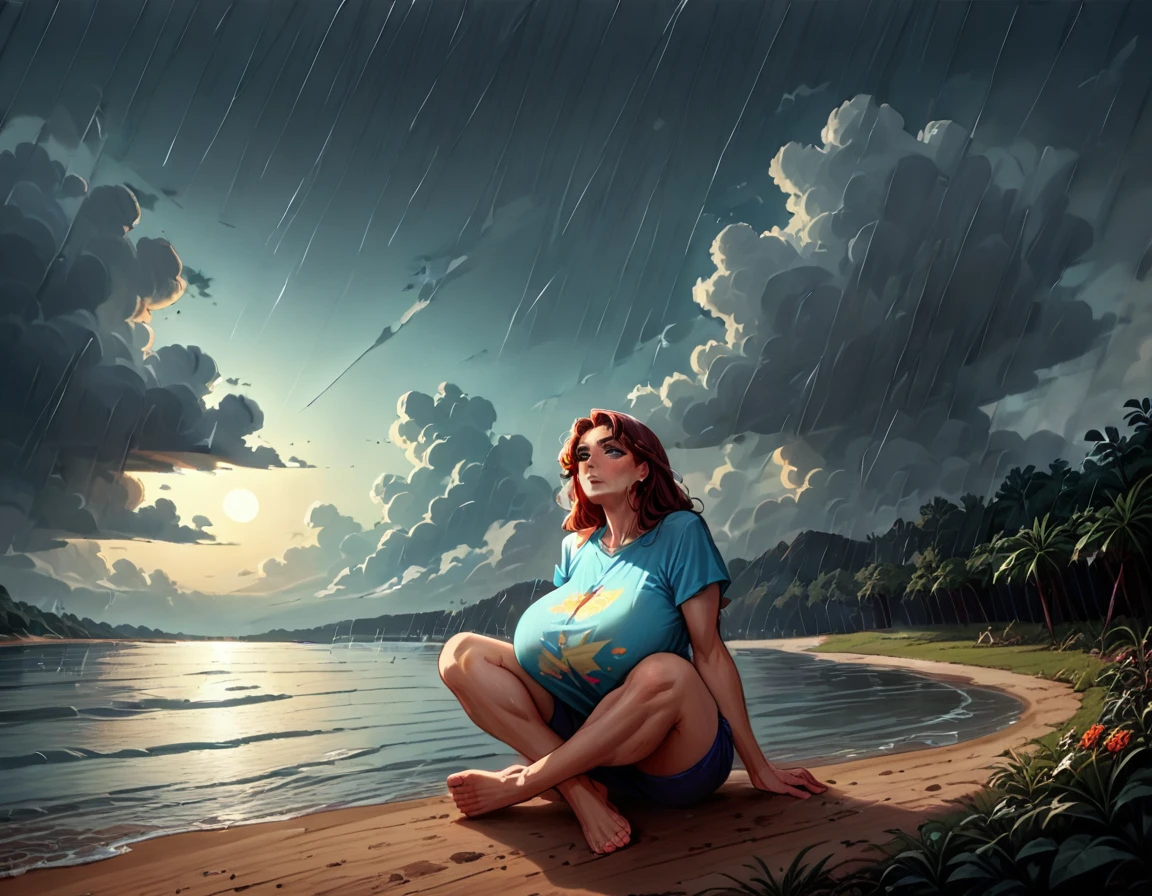 (1 girl) (masterpiece, best quality) (woman in a colorful graphic designer t shirt) (sitting on a lake beach), , ,  , (stormy dark sky, raining) , extreme detail
((Melancholy emotions:1.4)), , large dark eyebrows wide chin ((dynamic angle)) ((dynamic pose))
(Sagging Breasts covering entire torso) ((full body picture)) ((safe for work:1.3) ((huge breasts covered by shirt)),  art by norman Rockwell,  no bra,