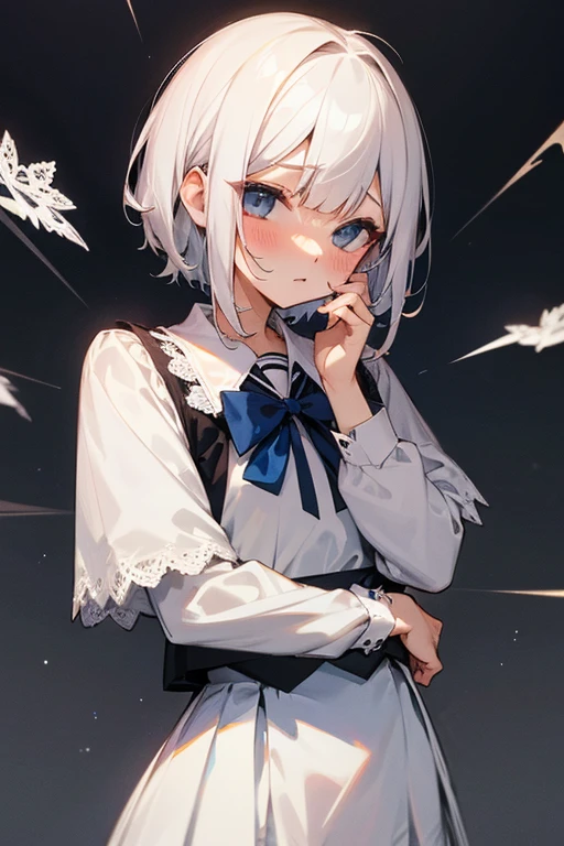 Short white hair, blush, Lace dress、Punk Fashion、Headbang 2.、Navy blue school uniform、
