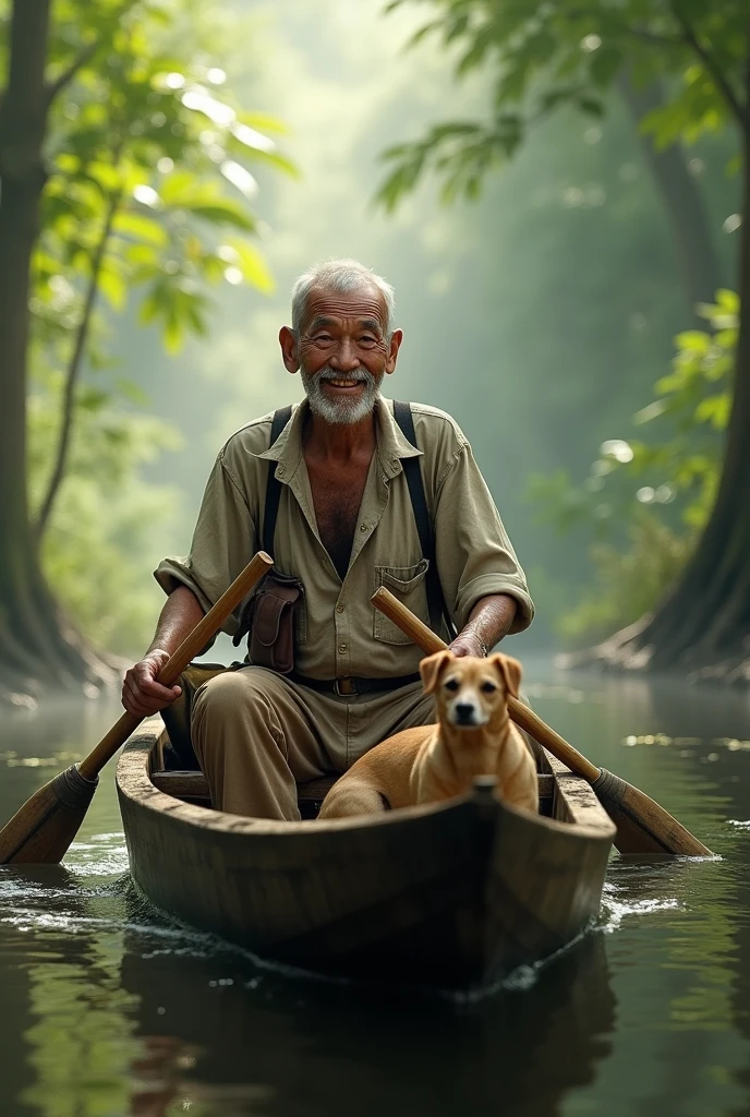 Photorealism 1.2 old Malay male smile wearing tear shirt trousers sling bag paddling dugout canoe with dog inside background swamp forest morning mode smoke effect sunlight silhouette