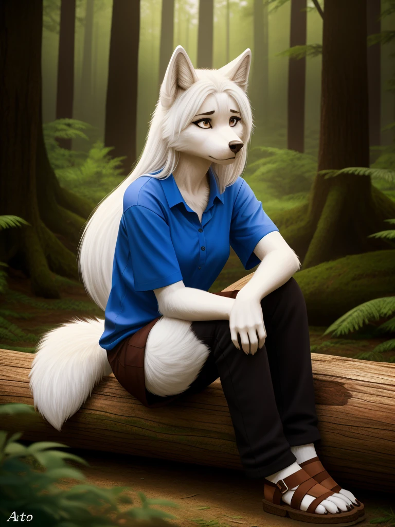 posing, sitting on a log, female, 30 years, Cute, Eyeliner, long hair, sad, blue shirt,black pants, brown sandals,eyes in the bedroom, antro, wolf ears, (White fur:1.5), baggy shirt, wolf, forest background, 8 K, it's empty here, (Best quality, masterpiece), Blue eyes