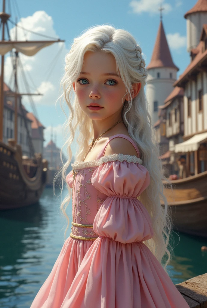 Make a realistic image of a 1 girl light brown skin, white hair and blue-gray eyes.
She is wearing a pink medieval dress, and is in a medieval maritime setting.
