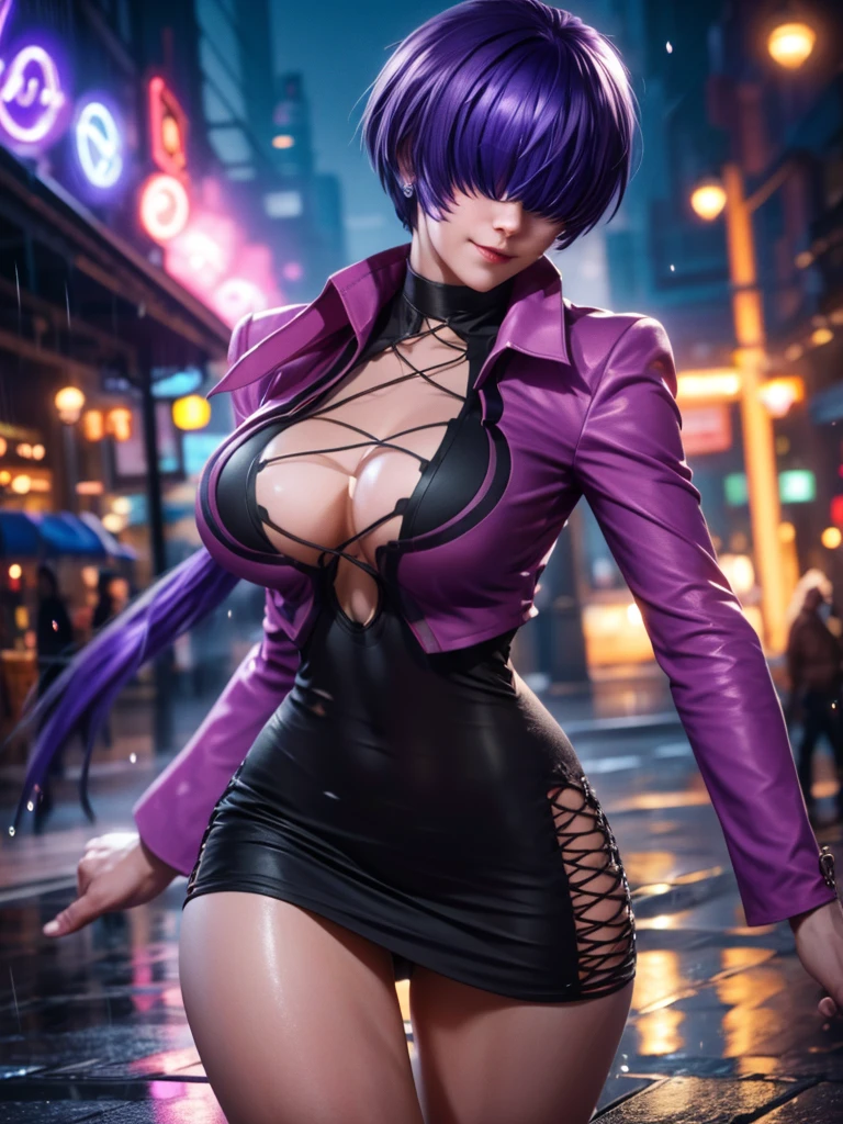 (best quality,4k,highres:1.2),ultra-detailed,(realistic:1.37),Anko Mitarashi from the anime Naruto,full-height body with clear details,emphasized eyes,ample bust,long legs,dark purple short hair,forehead protector,black mesh top,open black jacket,dark purple shorts with fishnet stockings,black boots,posing confidently in a dynamic stance,standing in a forest backdrop with sunlight filtering through the leaves,exuding an aura of strength and determination,anime-style vibrant colors,soft lighting to highlight her features and create a sense of depth