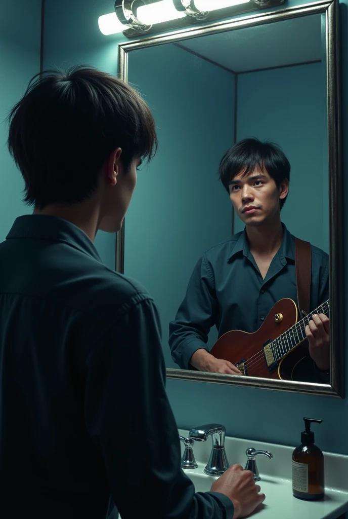 A guy with 180 medium dark short hair looking at himself in the mirror of a somewhat dark bathroom with a Pink Floyd rock theme playing imaginary guitar listening to Pink Floyd