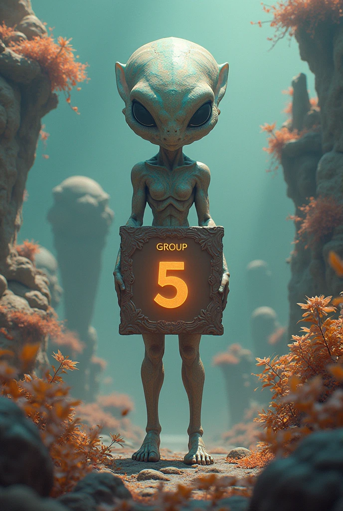 Create an alien with a sign that says Group 5
