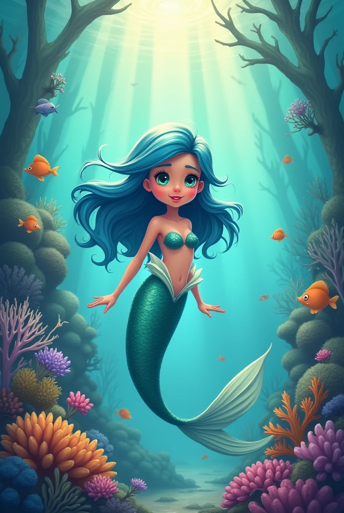 The young little mermaid with blue hair Bright green eyes Between the corals and clear rays of sun Front pose