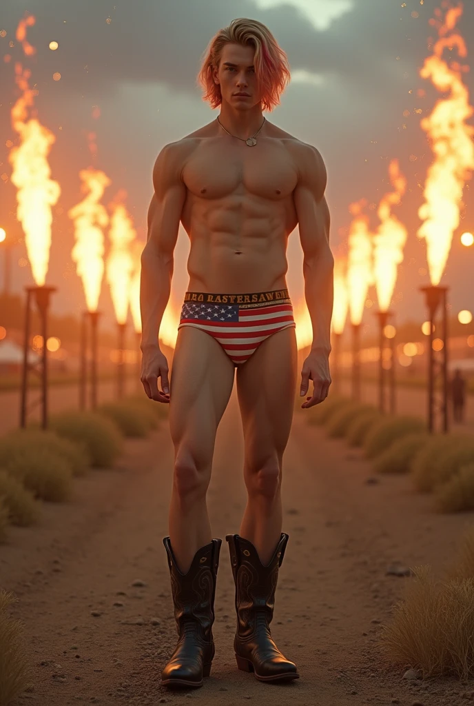 1boy, full body shot, full body angle visible face detail, face detail, arms detail, body detail, legs detail, feets detail, hands detail, male body, soft youthful face, ager male model body, clear cold skin, rosy cheeks, blonde shoulder-length hair with red tips, long leg underwear with American flag print, a large pelvic bulge, detailed black cowboy boots on the feet, immense and grand rodeo field, gravel floor and short grass, an afternoon sky as seen in the background, full body, body hairless, dominating, white or white skin, boy soft face, gighly light, highly detailed, looking at the audience, photography, detailed skin, real person, crazy detail, hype maximization, lightin stone temple, crystal prisms descending from the ceiling, floor mirroring the ceiling, fiery torches, an afternoon sky as seen in the background, full body, body hairless, dominating, white or white skin, boy soft face, gighly light, highly detailed, looking at the audience, photography, detailed skin, real person, crazy detail, hype maximization, lighting complex detail , Highly detailed, Digital painting, artstation, concept art, smooth, sharp focus, illustration, Unreal Engine 5, art by Ross Tran and Greg Rutkowski and Alphonse Mucha, Show men only .8k Ultra HD, dslr, dim lighting, high quality, film grain, Fujifilm XT3, 2-person, two-person model. hype surrealism, hype surrealism, by Shen Quan, perfect body, beautiful young male model, an attractive man 18-2 aesthetic, Sunshine sports student, asianboy, bulgej8, Noosphere, fantasy dark, light and cold aesthetics,
