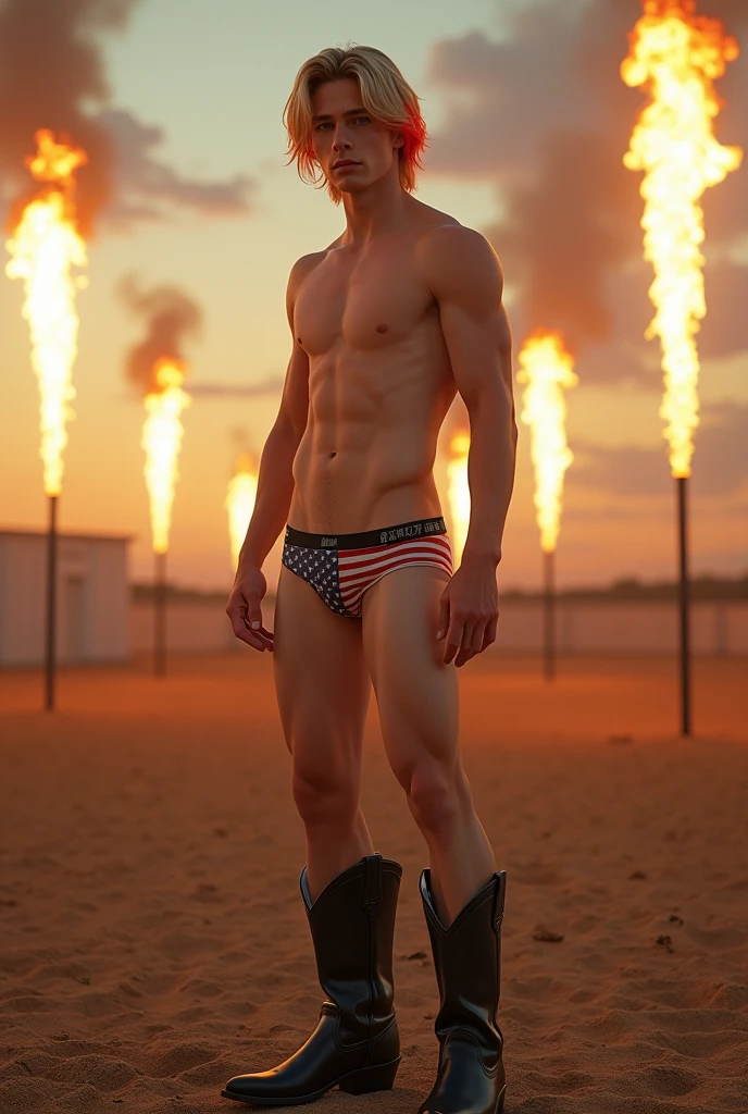 1boy, full body shot, full body angle visible face detail, face detail, arms detail, body detail, legs detail, feets detail, hands detail, male body, soft youthful face, ager male model body, clear cold skin, rosy cheeks, blonde shoulder-length hair with red tips, long leg underwear with American flag print, a large pelvic bulge, detailed black cowboy boots on the feet, immense and grand rodeo field, gravel floor and short grass, an afternoon sky as seen in the background, full body, body hairless, dominating, white or white skin, boy soft face, gighly light, highly detailed, looking at the audience, photography, detailed skin, real person, crazy detail, hype maximization, lightin stone temple, crystal prisms descending from the ceiling, floor mirroring the ceiling, fiery torches, an afternoon sky as seen in the background, full body, body hairless, dominating, white or white skin, boy soft face, gighly light, highly detailed, looking at the audience, photography, detailed skin, real person, crazy detail, hype maximization, lighting complex detail , Highly detailed, Digital painting, artstation, concept art, smooth, sharp focus, illustration, Unreal Engine 5, art by Ross Tran and Greg Rutkowski and Alphonse Mucha, Show men only .8k Ultra HD, dslr, dim lighting, high quality, film grain, Fujifilm XT3, 2-person, two-person model. hype surrealism, hype surrealism, by Shen Quan, perfect body, beautiful young male model, an attractive man 18-2 aesthetic, Sunshine sports student, asianboy, bulgej8, Noosphere, fantasy dark, light and cold aesthetics,