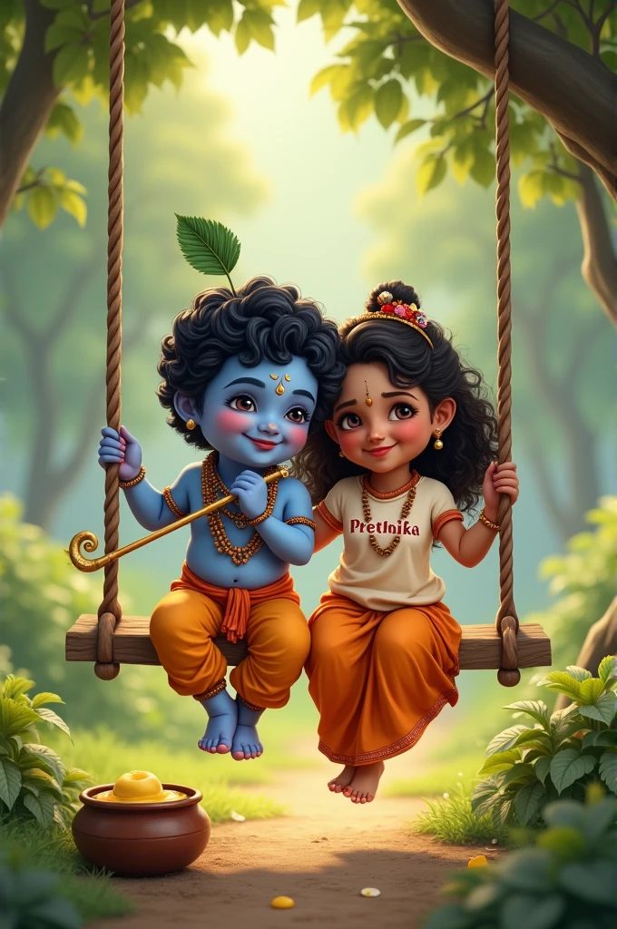 Create an image with Little Krishna sitting on a swing with a flute in his hand. Beside him should be a girl with "Preethika" on her tshirt. Both should be smiling and a pot of butter should be there in the frame.