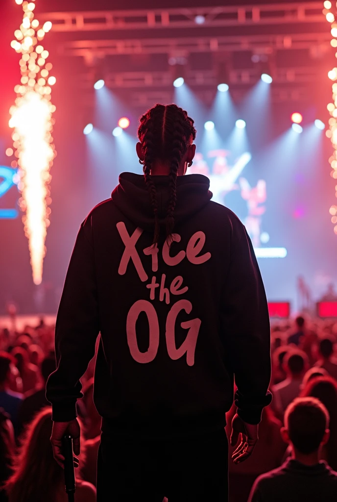 Rapper facing towards fans in the concert, fireworks and big stage, braid hair wearing black hoodie, written M-Town in the back side, mike on the hand, XAce The Og written board showing by the fans on the concert