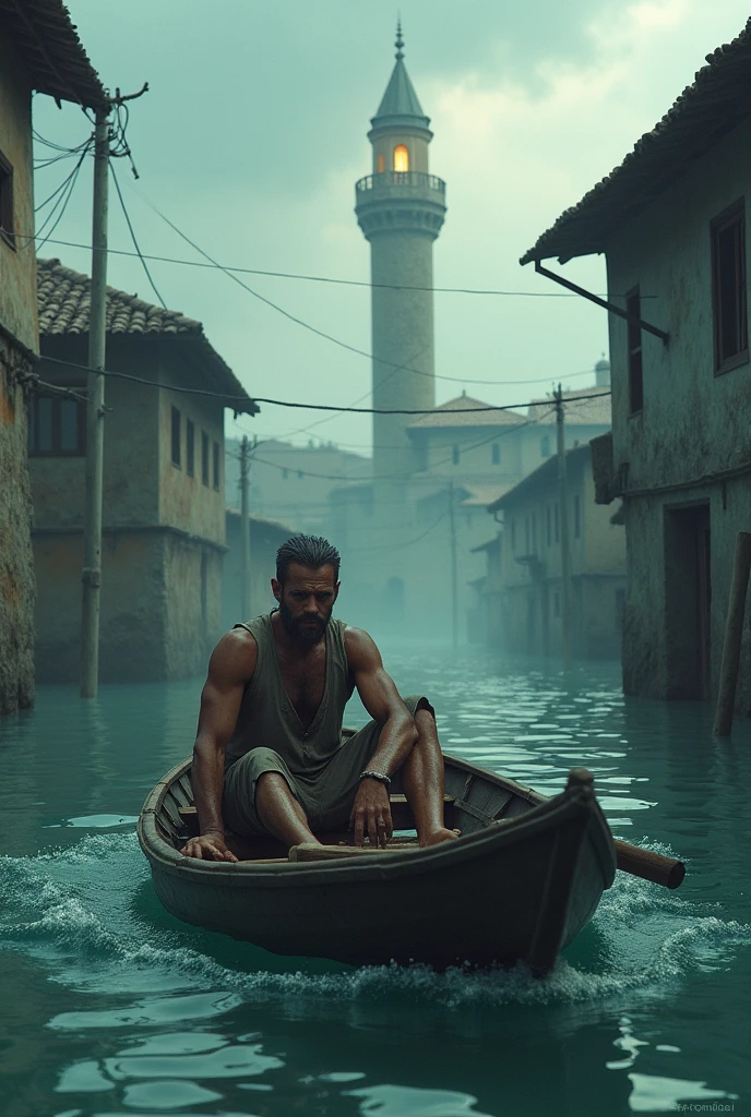 A man took a boat in the flood and went to the minaret of the village mosque