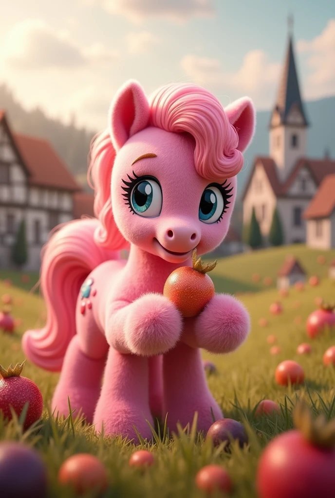 (photorealism:1.2), A photo of a pink my little pony character holding a ginger in germany