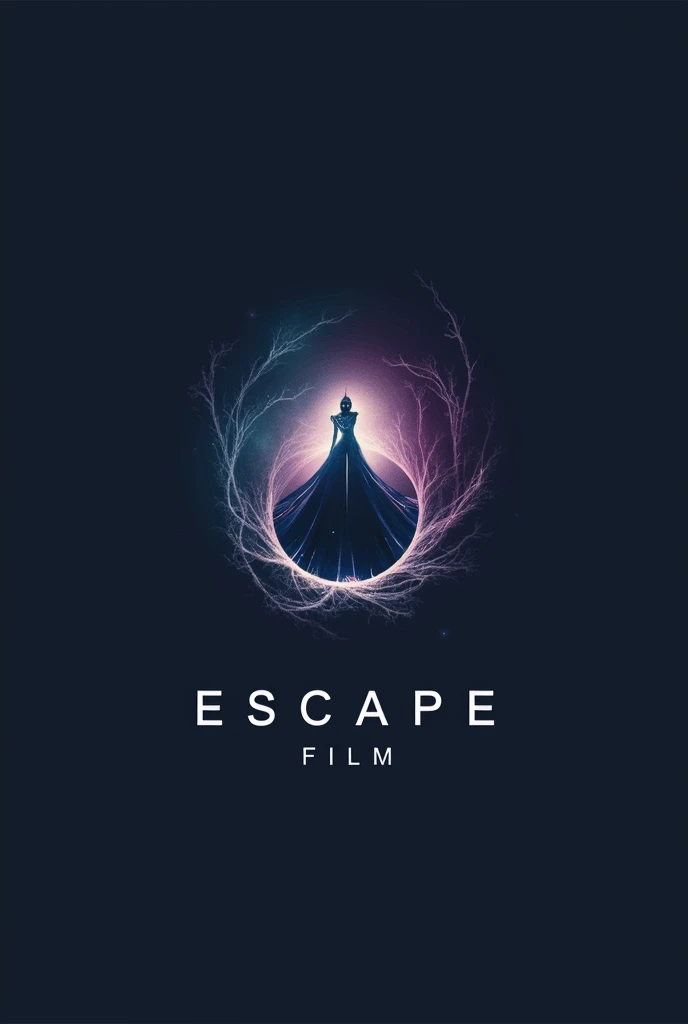 Create a minimalist logo for a film company called 'Escape Film'. The design should capture the concept of 'escape to another dimension'. Imagine a logo that combines cinematic elements with a theme of transition or portal between worlds. It could include a stylized image of a portal, a film reel, or a film camera that transforms into a dimensional vortex. Use bold colors that suggest mystery and adventure, such as shades of deep blue, purple, and black. The name 'Escape Film' should be integrated in a sleek and modern way, complementing the dimensional theme of the design.