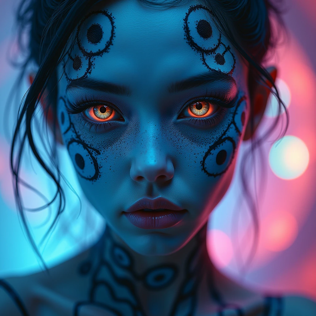 a close-up of a beautiful blue lizard skinned Ethiopian female being with circular tattoo patterns on her face with a rainbow nebula background wth the text "OTDTE" in a black cyberpunk font in the bottom