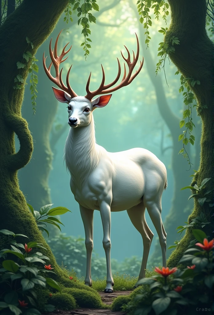 A white stag with small horns，The background is a magical forest，It is decorated with large leaves and vines.
