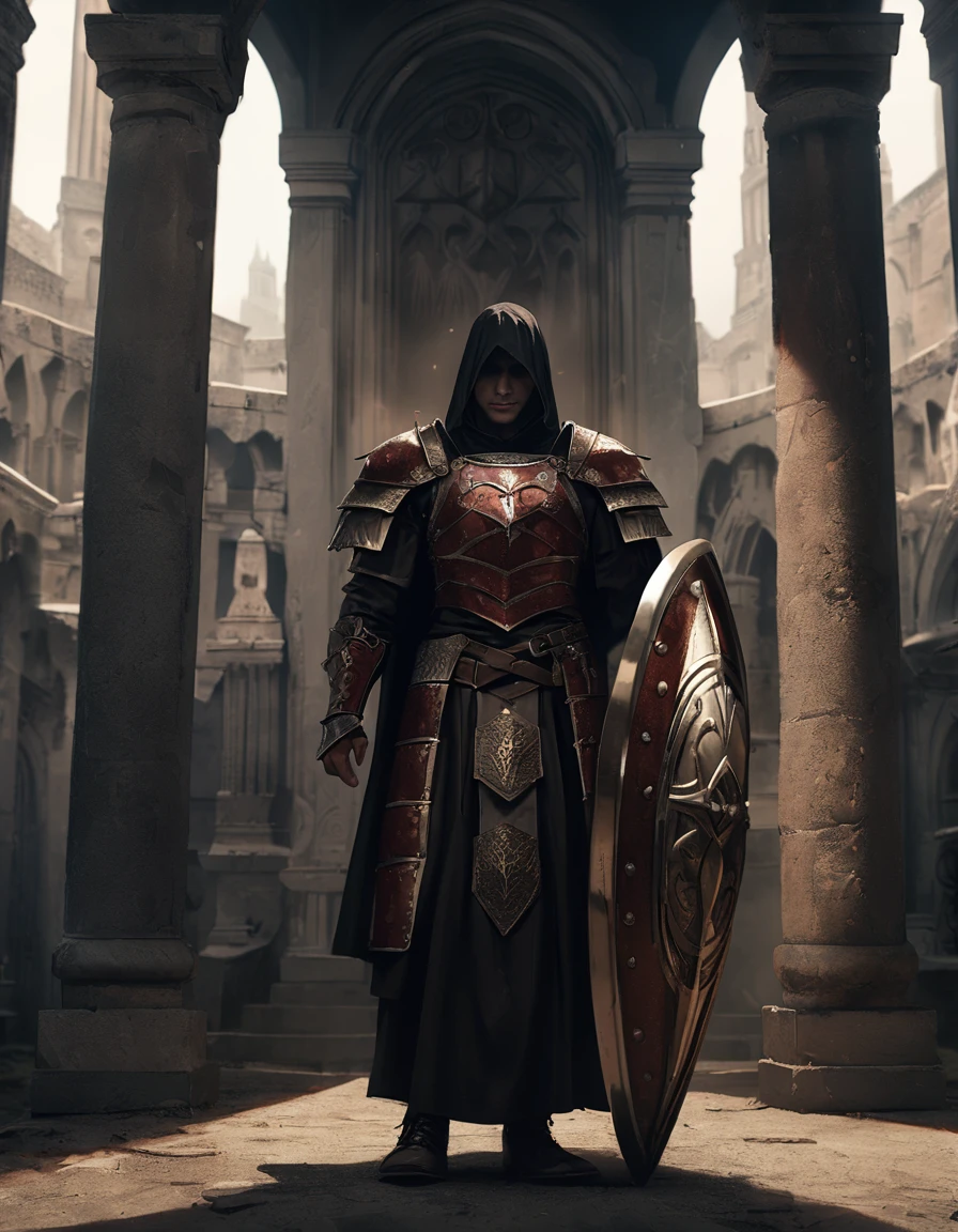 ((4th-century western roman inspired armor)), gothic, ((iconic roman inspired armor)), ((scutum shield, tower shield)), ((Full body portrait)), ((Roman inspired warrior)), (Royal roman soldier), (4th century armor), ((Red intricate details on armor)), photorealistic, hyperrealistic, 8k, high quality, cinematic, dramatic lighting, dark fantasy, moody atmosphere, intricate details, gothic, ominous, mysterious, grim, menacing, foreboding, eerie, unsettling, somber, haunting, chiaroscuro, dramatic shadows, dramatic highlights