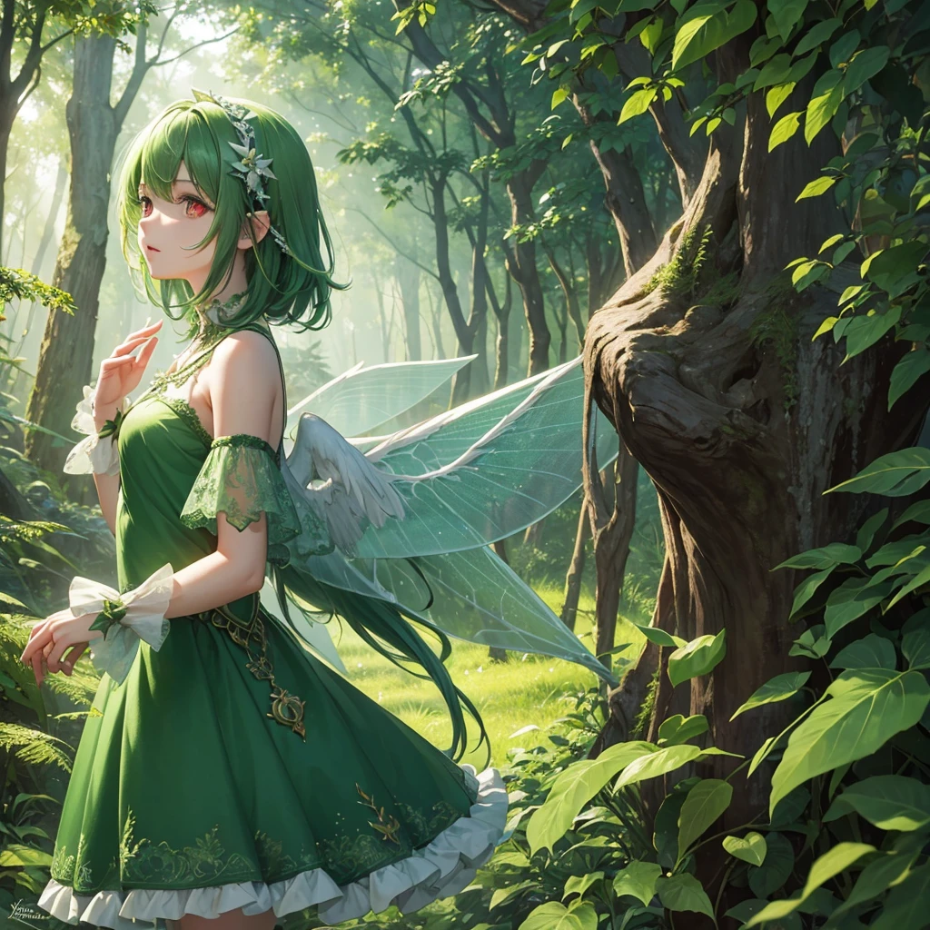 High quality, mysterious, forest, one way, beautiful fairy, 1 person, wings, green hair, red eyes, leaf hair ornament, cute green lace outfit, talking to a little bird, sparkling scenery 