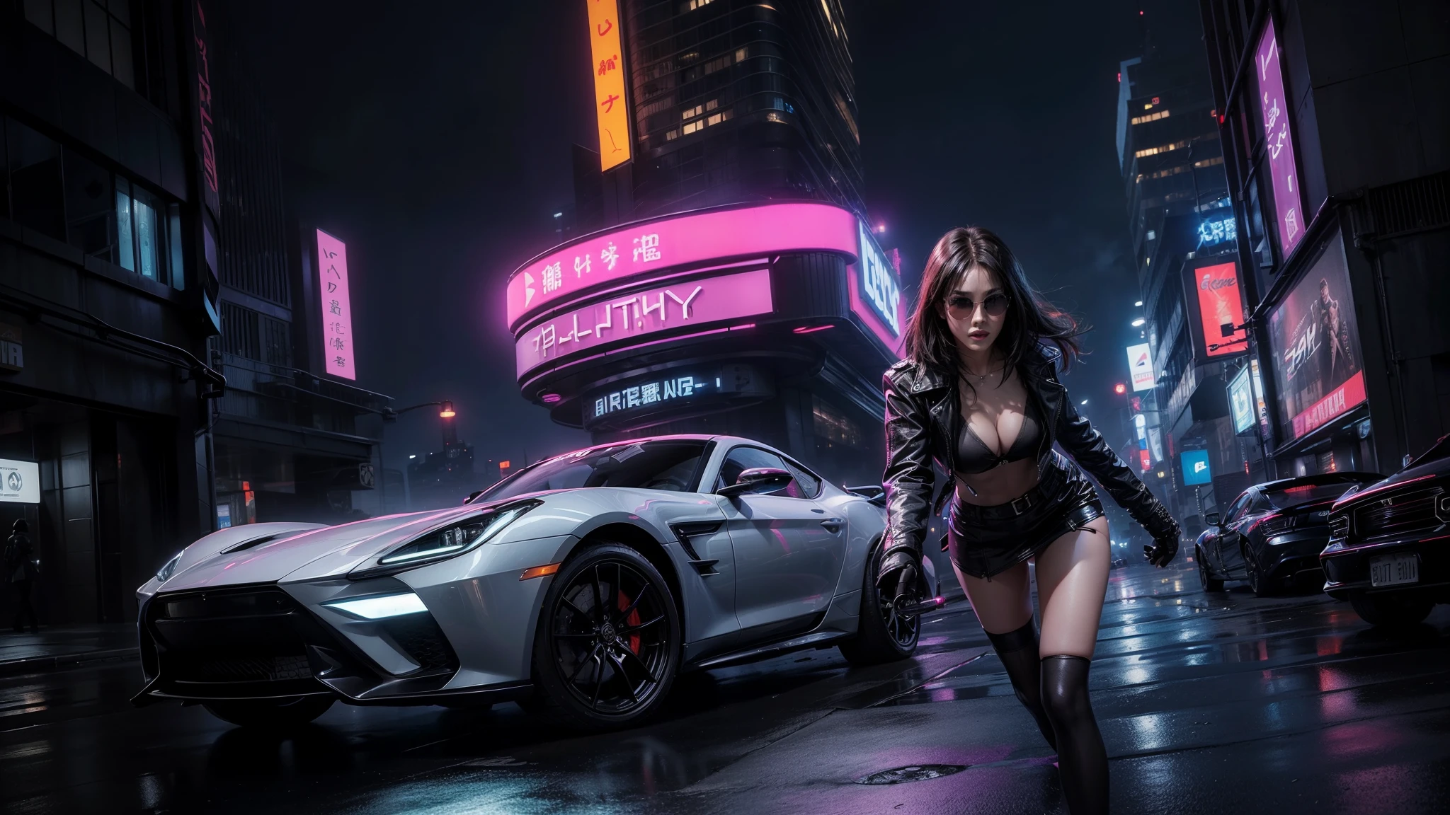 Blade Runner style futuristic city, neon buildings, cars, lightning, 3d rendering Beeple. At night, (1girl, solo, alone), photorealistic, medium-breast slim:0.6 body, oval:0.5 face, cleavage:1.1, sexy black laced bra, deep-V, (low angle view of miniskirt), white laced panty, coat, (Matrix style black micro sunglasses), (holding a short gun), (slightly leaning forward running pose), (half-body thigh level medium:1.2 shot), cinematic lighting, ray tracing.