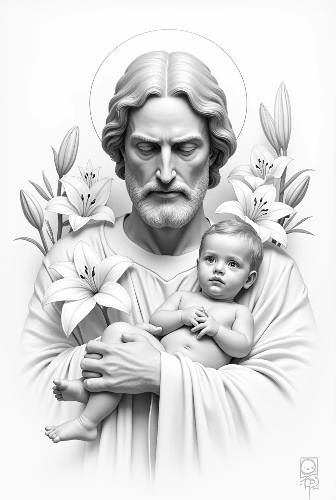 Drawing of the bust of Saint Joseph with lilies and Jesus, hand-drawn with graphite pencil