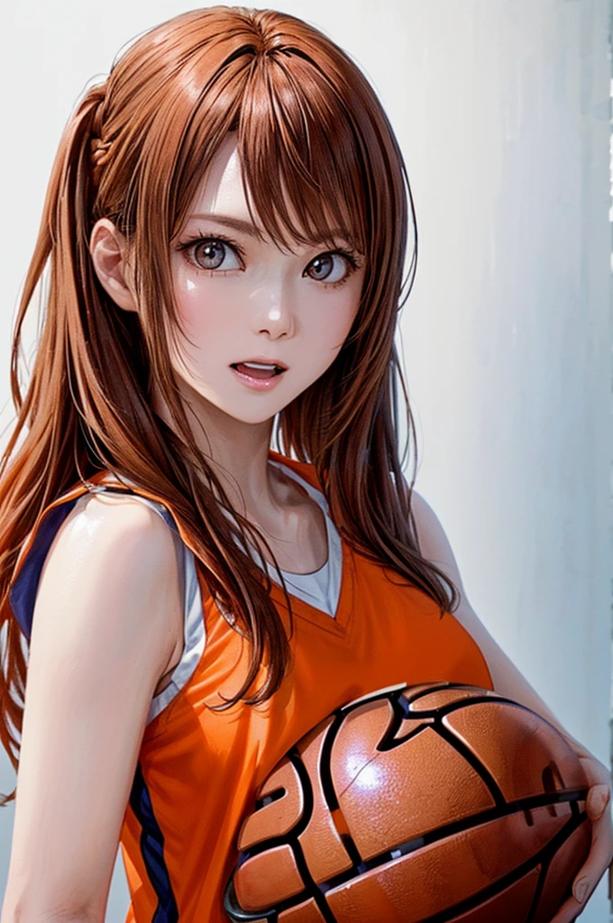 (((Pure white wall background、Highest quality、8k、32K、masterpiece)))、(Realistic)、(Realistic:1.2)、(High resolution)、Very detailed、Very beautiful face and eyes、1 person、Round and small face、Tight waist、Delicate body、(close、Highest quality、Attention to detail、Rich skin detail)、(Highest quality、8k、Oil paints:1.2)、Very detailed、(Realistic、Realistic:1.37)、Bright colors、(((Orange Hair)))、(((Vermilion hair)))、(((Cowboy Shot)))、(((Long Hair)))、(((The ends of the hair are tied)))、(((Pure white wall background)))、(((Wearing a basketball uniform)))、(((Orange and white basketball outfit)))、(((Surprised face)))、(((1 female)))、(((Tank top style uniform)))、I'm surprised