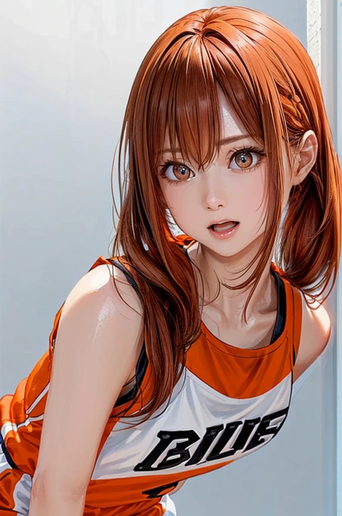 (((Pure white wall background、Highest quality、8k、32K、masterpiece)))、(Realistic)、(Realistic:1.2)、(High resolution)、Very detailed、Very beautiful face and eyes、1 person、Round and small face、Tight waist、Delicate body、(close、Highest quality、Attention to detail、Rich skin detail)、(Highest quality、8k、Oil paints:1.2)、Very detailed、(Realistic、Realistic:1.37)、Bright colors、(((Orange Hair)))、(((Vermilion hair)))、(((Cowboy Shot)))、(((Long Hair)))、(((The ends of the hair are tied)))、(((Pure white wall background)))、(((Wearing a basketball uniform)))、(((Orange and white basketball outfit)))、(((Surprised face)))、(((1 female)))、(((Tank top style uniform)))、I'm surprised