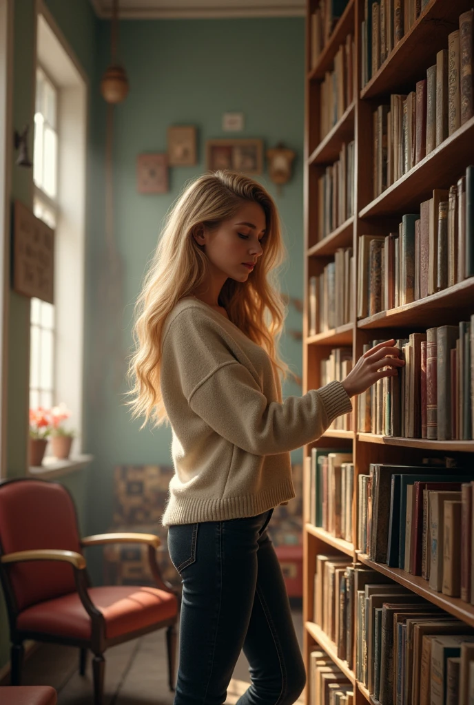 White woman choosing books in bookstore