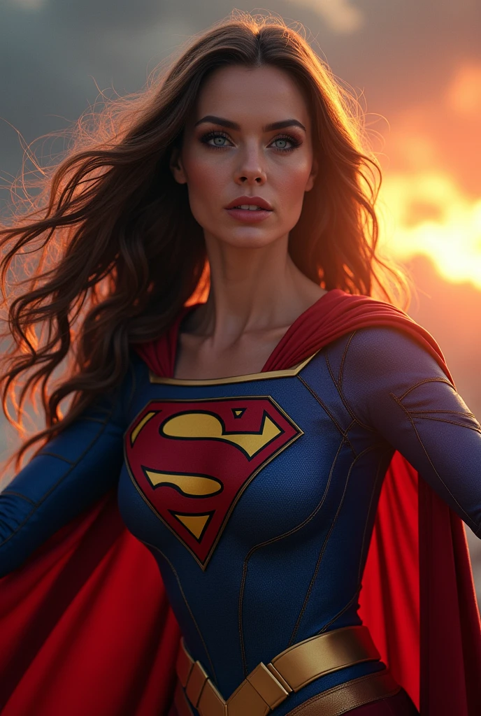A beautiful Demi Moore as Supergirl, hyperrealistic portrait, high contrast dramatic lighting, striking blue eyes,full lips,flawless skin, long flowing hair, superhero costume, powerful pose, cinematic composition, epic fantasy, vibrant colors, dramatic lighting, volumetric light rays, photorealistic, 8k, best quality, masterpiece
