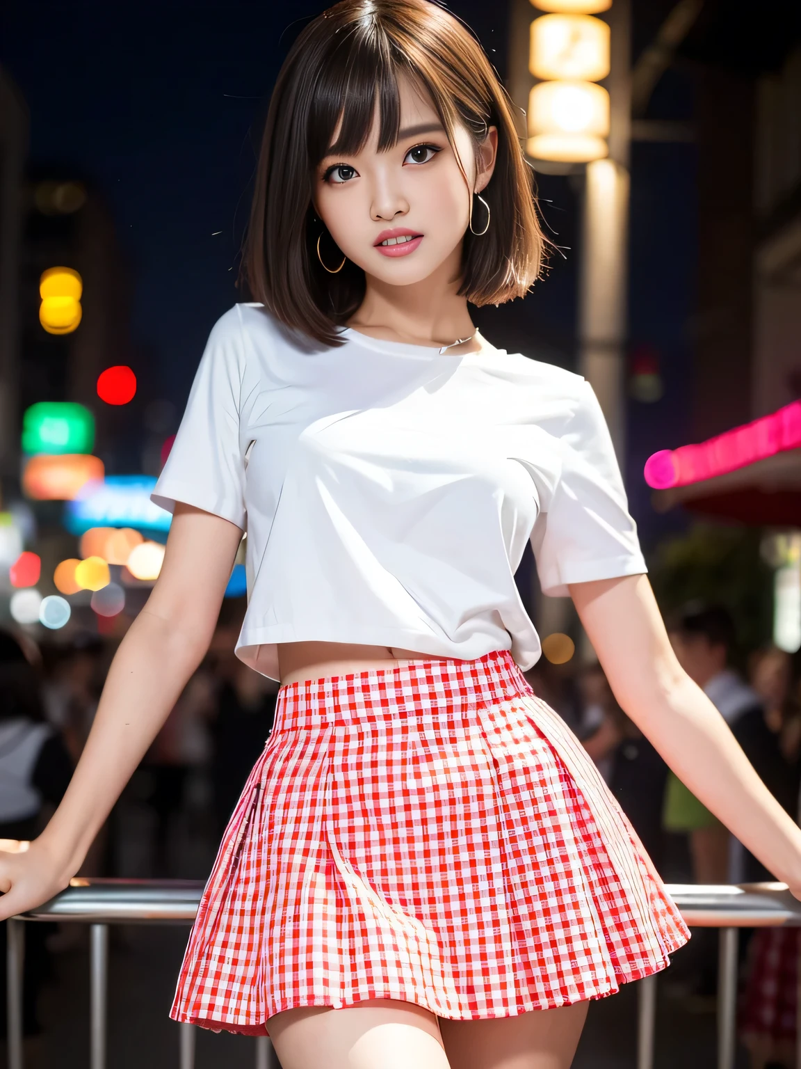 Very detailed、masterpiece、Highest quality、Ultra-high resolution、8K high resolution、Photogenic transparency、Detailed eyes、Gradation、Perfect anatomical figure ,hard disk、Hmph , Nikon Z9 80mm Lens 、Tabletop、Model standing、alone、One Woman、Neon city at night、(((Pale red and white gingham check flared mini skirt)))、(((The skirt is definitely worn..)))、(((Raise the hem of a skirt)))、Panty Focus、Too bright natural light、sunlight、Detailed lace panty pattern、Plain white lace panties、(((Standing up and flipping up the skirt、Showing panties to the camera)))、(((Beautifully straightened white teeth)))、(((Raise your skirt higher and higher,、Show your panties to the camera)))、Super slim body with G-cup bust、Slim model body type、Beautiful posture、It's very wet、