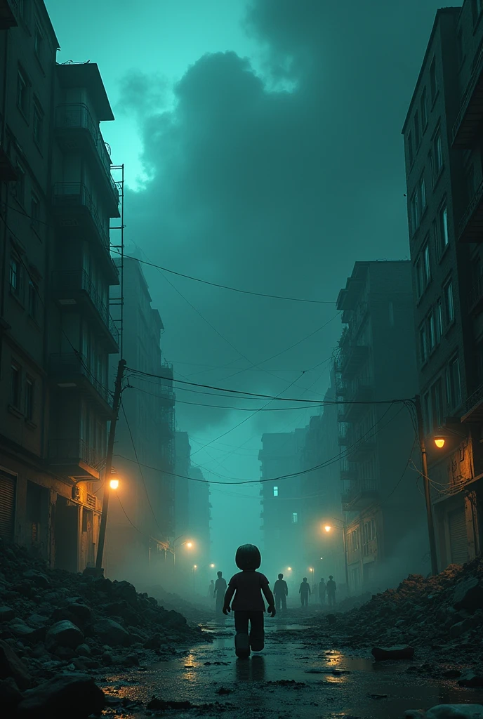 dark sky with dark colors reminiscent of the Roblox gaming platform, iuts night time with a hyper immersive and hyper detailed playing scene where the environment is in a constant state darknes and abandonment. The scene is highly detailed in 8K resolution, with the city's structures and characters rendered with care, embodying an abandon feel reminiscent of a city in ruins, with messy streets full of dirt and dirty dark broken and ruinned buildings where the action of playing unfolds with a dynamic and immersive dark blueish smoke, almost total darkness and a lot of dark and a lot of dark clouds, full of smoke, and people fighting for their lives and almost realistic characters with the buildings absolutely destroyed and unrecognizable, a lot of smoek, so much that you cannot see anything and the smoke has to be like blue with green and facing backwards