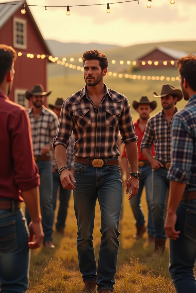 A handsome young man is welcomed at a cowboy party on the farm with many handsome men around him