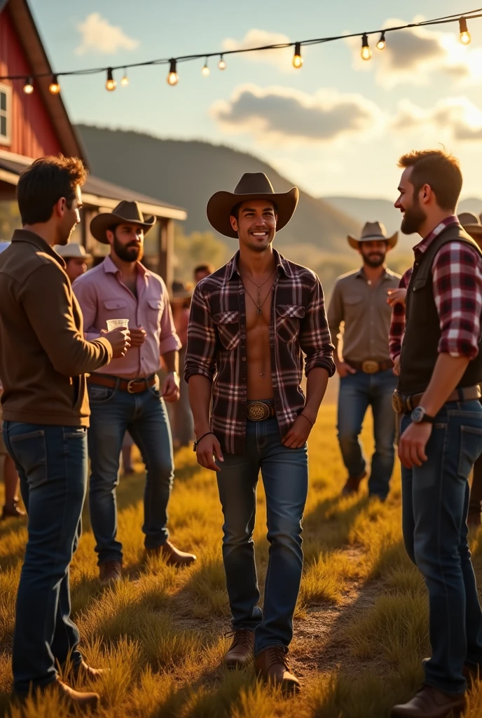 A handsome young man is welcomed at a cowboy party on the farm with many handsome men around him
